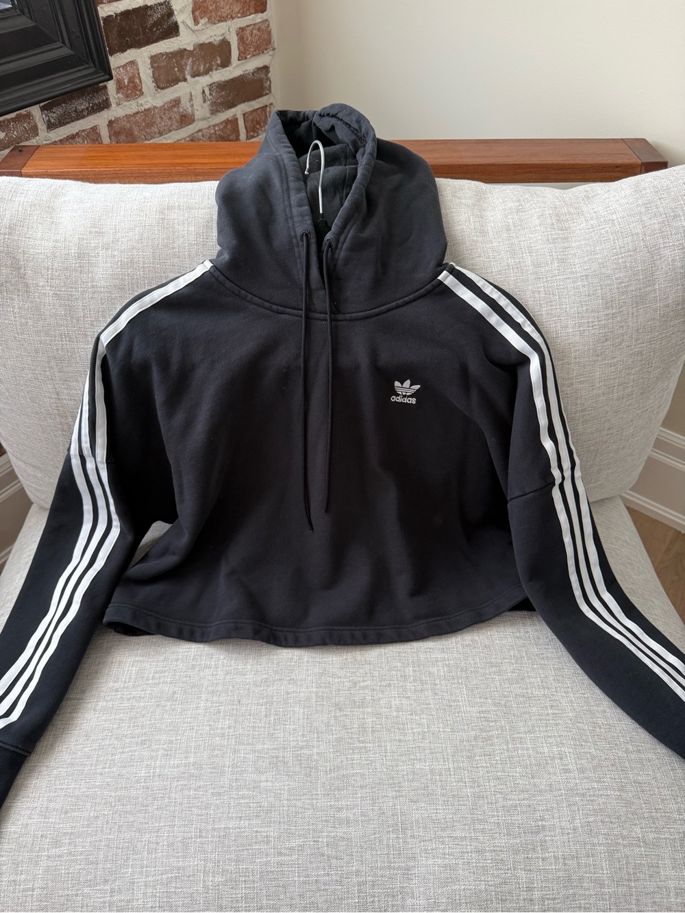 adidas Black Cropped Hoodie with White 3-Stripes